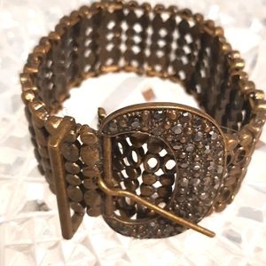 Vintage Bronze Stretchy Belt buckle Bracelet With Rhinestones 9.25"Long 1" Wide